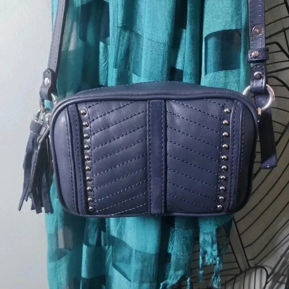 Caroline Neron | Opera Navy Crossbody Leather Mini Camera Bag with Tassel